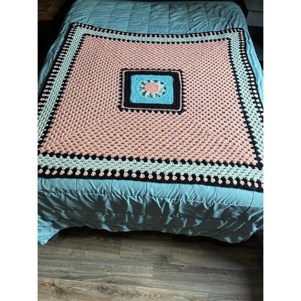 Vintage Grannycore Handmade Crocheted Square Blanket with Floral Center